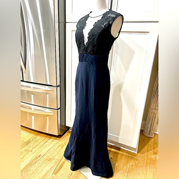 Theia Navy Maxi Dress With Embroidered/Mesh Top - Picture 3 of 9